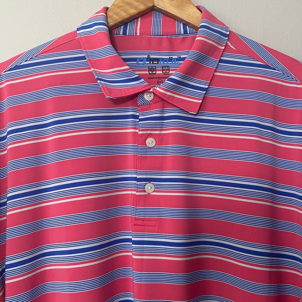 IBKUL Polo Shirt Men XXL Pink Blue Striped Performance Short Sleeve Golf Wicking